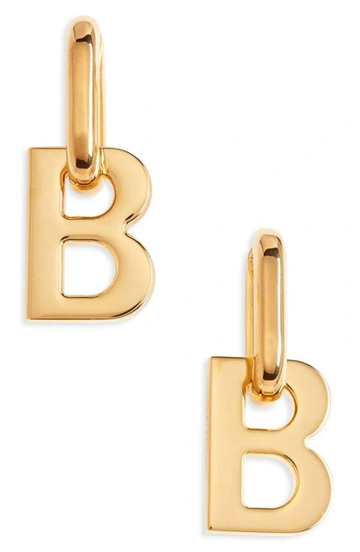 Shop Balenciaga B Pendant Hoop Earrings In Shiny Gold