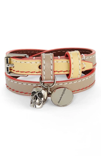 Shop Alexander Mcqueen Skull Charm Leather Double Wrap Bracelet In Bright Pink/ Red