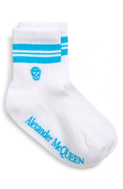 Shop Alexander Mcqueen Stripe Skull Socks In White/ Sky Blue