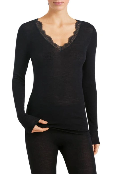 Shop Hanro Wool & Silk Lace Long Sleeve Top In Black