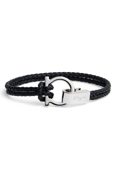 Shop Ferragamo Braided Leather Bracelet In 008 - Black