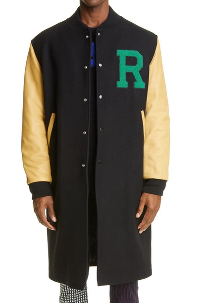 Shop Raf Simons Leather Sleeve Long Wool Bomber Jacket In Black
