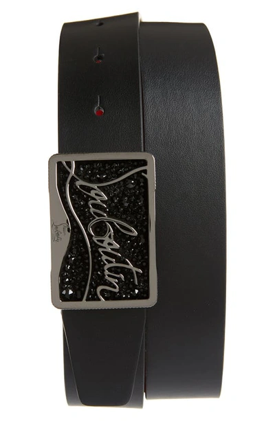 Shop Christian Louboutin Ricky Logo Crystal Buckle Leather Belt In Black/black/gun Metal