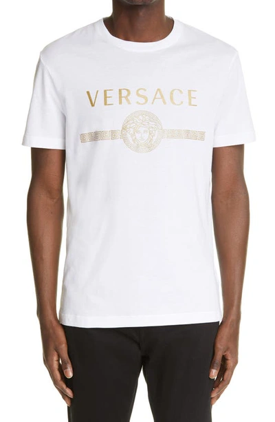 Shop Versace Medusa Logo Cotton Tee In White Gold