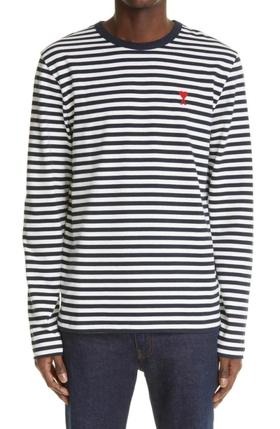 Shop Ami Alexandre Mattiussi Ami De Coeur Marinière Stripe T-shirt In Navy/ Off-white