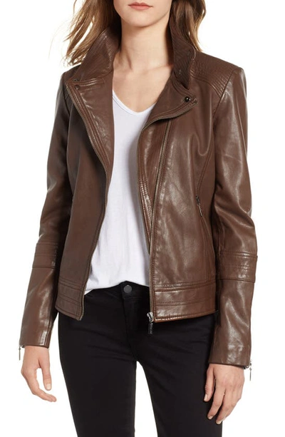 Shop Bernardo Leather Moto Jacket In Saddle Brown