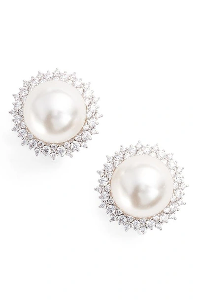 Shop Nadri Imitation Pearl Clip Stud Earrings In Silver