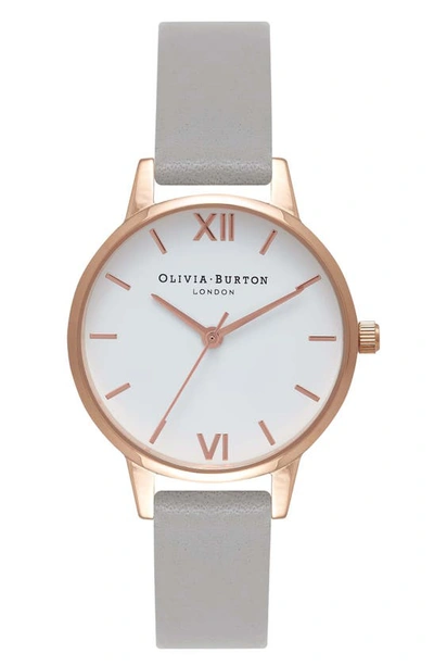 Shop Olivia Burton Midi Dial Leather Strap Watch, 30mm In Grey/ White/ Rose Gold