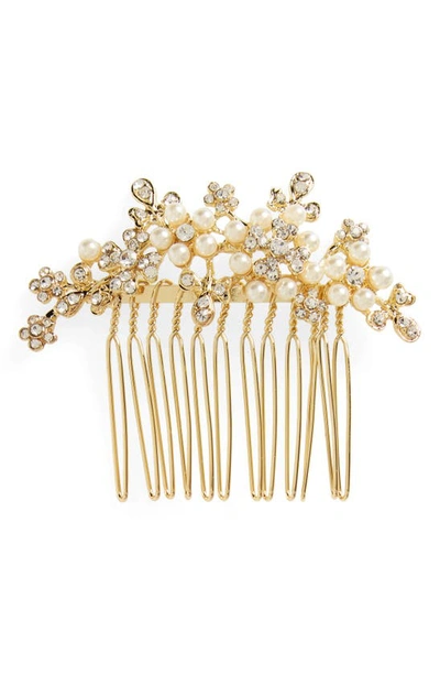 Shop L. Erickson Elle Crystal & Imitation Pearl Hair Comb In Crystal/ Pearl/ Gold