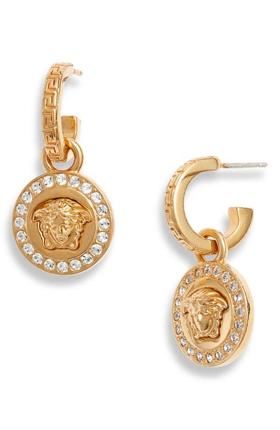 Shop Versace Icon Medusa Drop Earrings In Tribute Gold/ Crystal