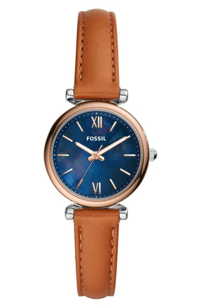 Shop Fossil Mini Carlie Leather Strap Watch, 28mm In Brown/ Blue/ Silver