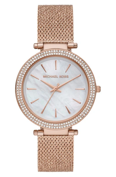 Shop Michael Michael Kors 'darci' Crystal Bezel Mesh Strap Watch, 39mm In White Mop/ Rose Gold