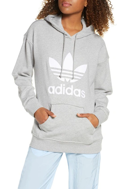 Shop Adidas Originals Trefoil Logo Graphic Cotton Hoodie In Medium Grey Heather/ White