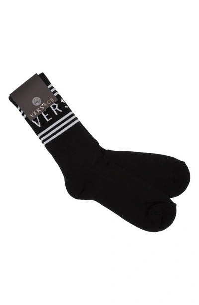 Shop Versace First Line First Line Stripe Crew Socks In Nero/ Bianco