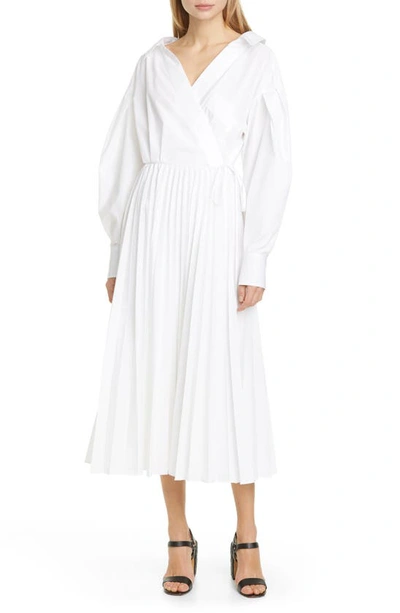 Shop Valentino Pleated Long Sleeve Midi Wrap Dress In Bianco