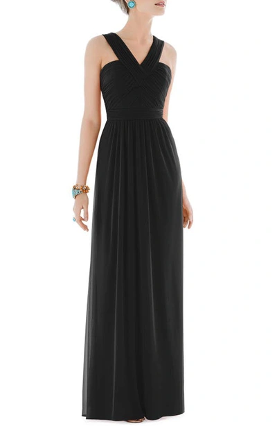 Shop Alfred Sung Shirred Chiffon V-neck Gown In Black