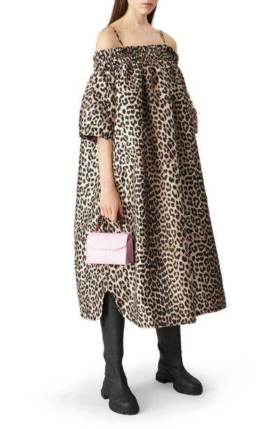 Shop Ganni Leopard Print Cold Shoulder Shift Dress In Phantom