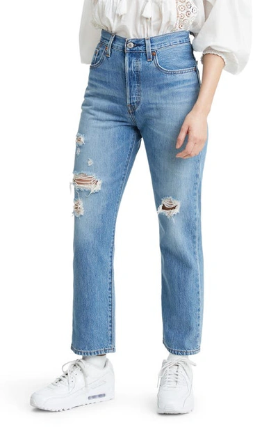 Shop Levi's 501® Ripped High Waist Crop Straight Leg Jeans In Sansome Light