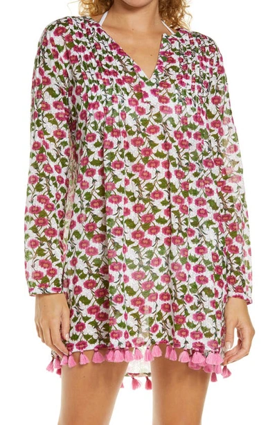 Shop Roller Rabbit Dakini Floral Ziva Long Sleeve Cover-up Tunic In Ivory