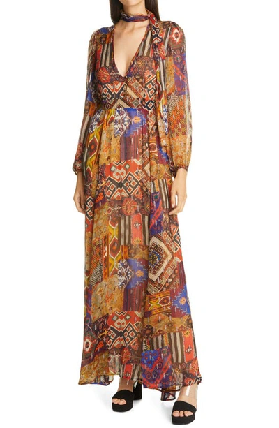 Shop Le Superbe Joni Tie Neck Long Sleeve Maxi Dress In Tapestry Patchwork