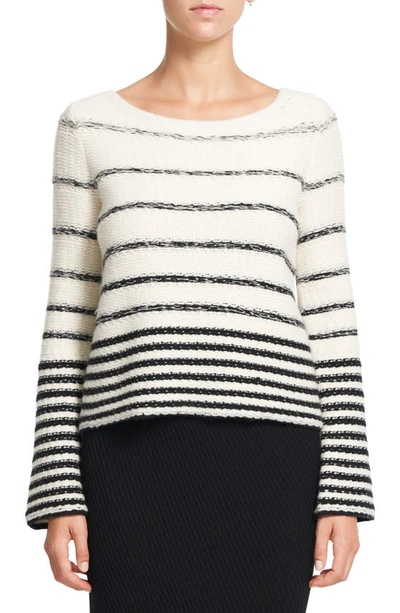 Shop Theory Uneven Stripe Wool Sweater In Ivory/ Ecru Heather/ Black