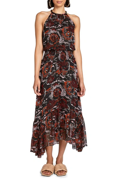 Shop A.l.c Bardot Silk Blend Halter Dress In Black/ Red Multi