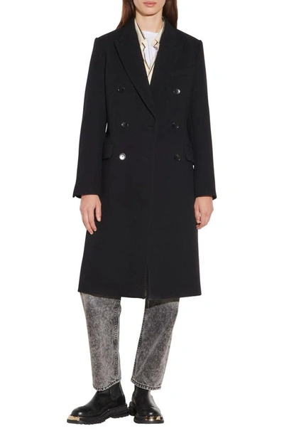 Shop Sandro Double Breasted Virgin Wool Blend Coat In Black