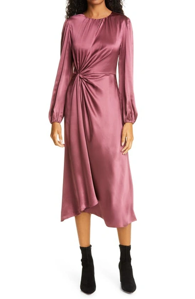 Shop Cinq À Sept Wanda Long Sleeve Gathered Silk Midi Dress In Nocturne