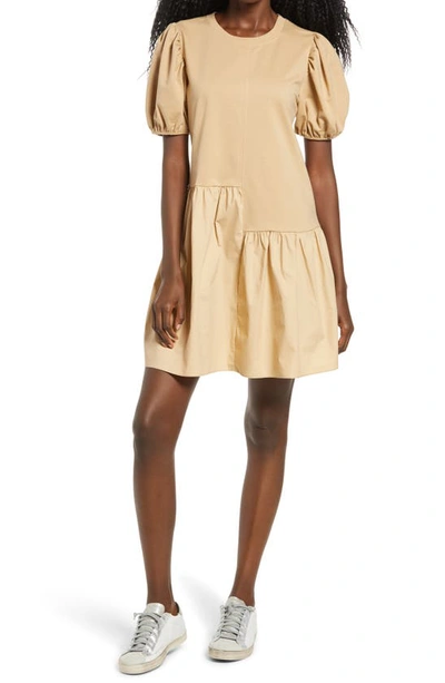 Shop English Factory Puff Shoulder Mixed Media Minidress In Beige