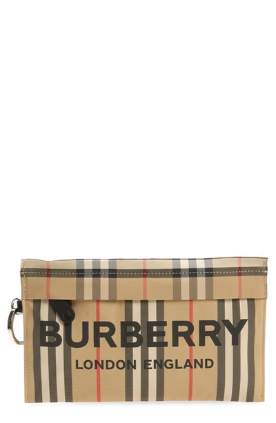 Shop Burberry Logo Print Icon Stripe Econyl Zip Pouch In Archive Beige