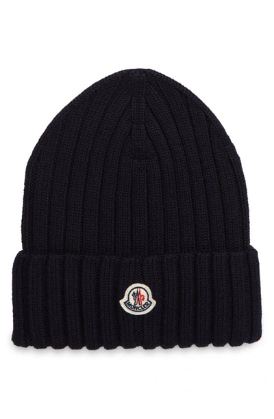 Shop Moncler Rib Virgin Wool Beanie In 778 Navy