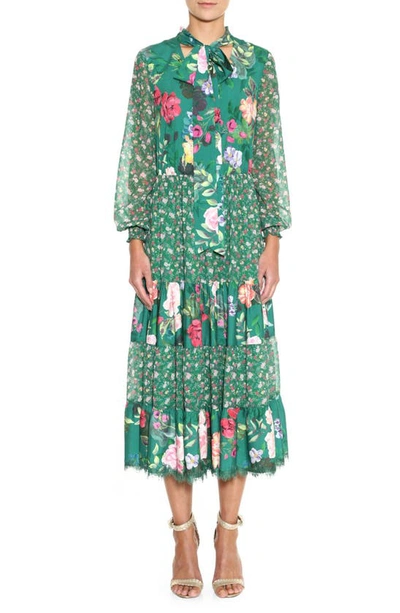 Shop Marchesa Notte Floral Long Sleeve Crepe Midi Dress In Emerald Multi