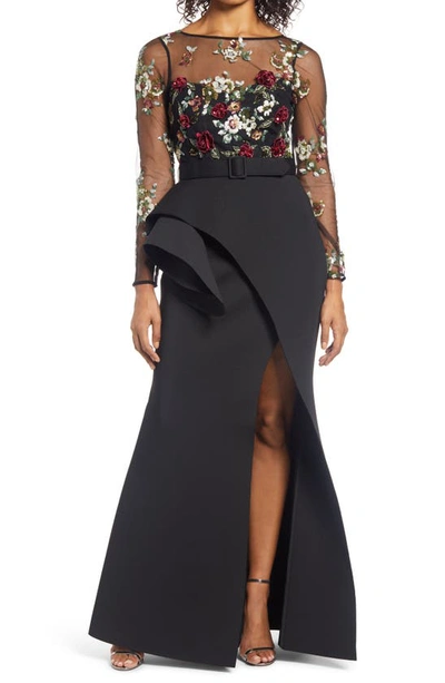 Shop Badgley Mischka Sequin Bodice Peplum Detail Long Sleeve Gown In Black Multi