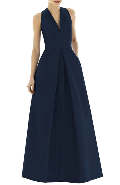 Shop Alfred Sung Dupioni Pleat A-line Gown In Midnight