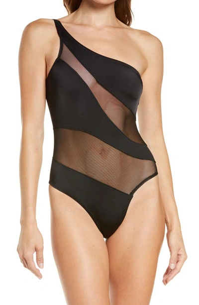 Shop Norma Kamali Snake Mesh One-shoulder Swimsuit In Black/ Black Mesh