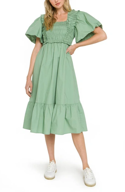 Shop English Factory Ruffle Smocked Cotton Dress In Green