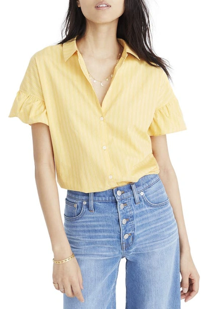 Shop Madewell Central Stripe Ruffle Sleeve Shirt In Golden Daffodil