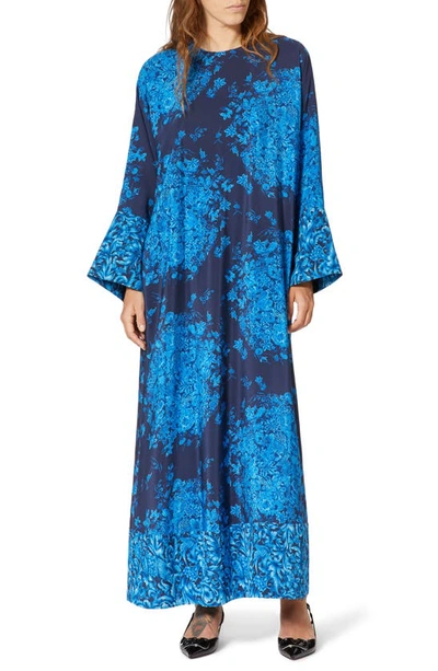 Shop Valentino Delft Floral Print Long Sleeve Silk Caftan Maxi Dress In Navy/ Blue Delft
