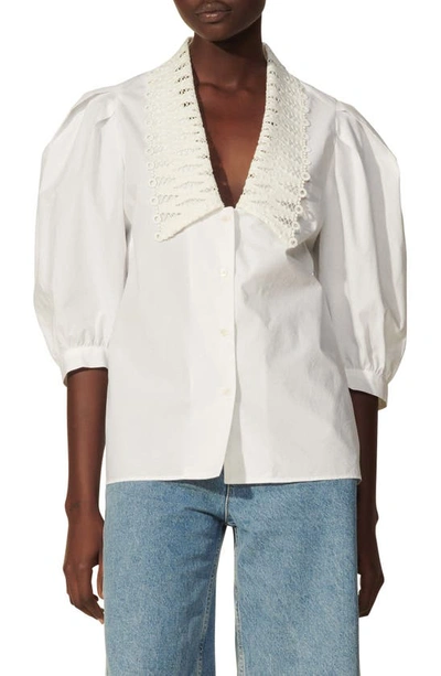 Shop Sandro Lace Bishop's Collar Cotton Blouse In White