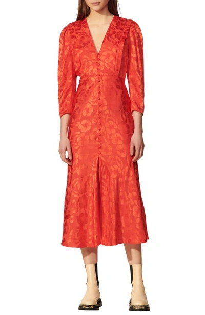 Shop Sandro Floral Jacquard Long Sleeve Silk Blend Dress In Red