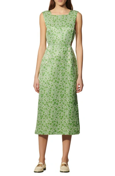 Shop Sandro Floral Cutout Detail Sleeveless Linen & Silk Dress In Green