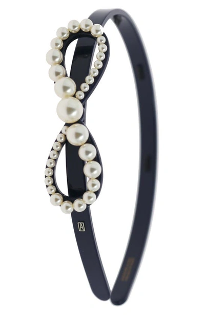 Shop Alexandre De Paris Bow Imitation Pearl Headband In Navy Blue
