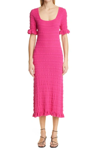 Shop Adam Lippes Rib Ruffle Midi Dress In Hot Pink