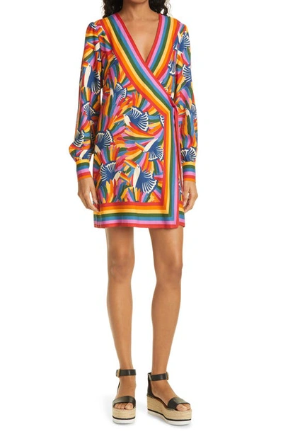 Shop Farm Rio Rainbow Toucans Long Sleeve Mini Wrap Dress In Multi