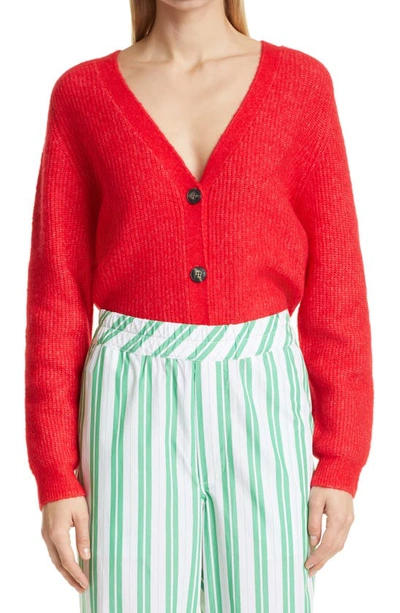 Shop Ganni Wool Blend Boxy Cardigan In Flame Scarlet
