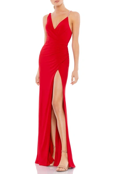 Shop Mac Duggal Imitation Pearl Strap Column Gown In Red