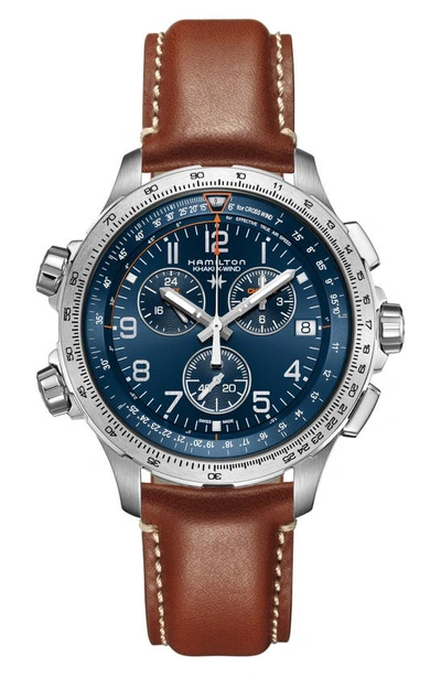 Shop Hamilton Khaki Aviation X-wind Chronograph Gmt Leather Strap Watch, 46mm In Brown/ Blue/ Silver