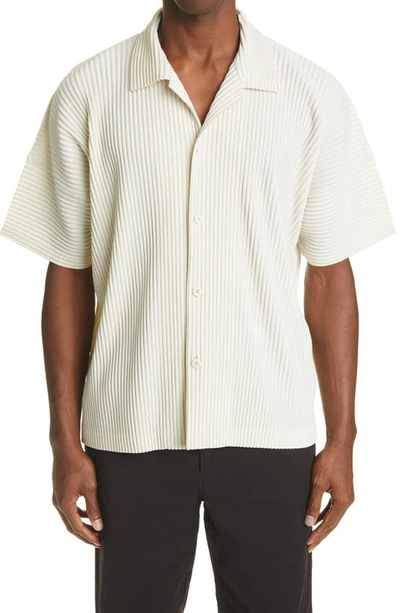 Shop Issey Miyake Home Plisse  Pleated Short Sleeve Button-up Shirt In Ivory