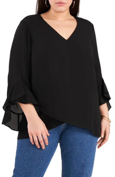 Shop Vince Camuto Flutter Sleeve Crossover Georgette Tunic Top In Rich Black
