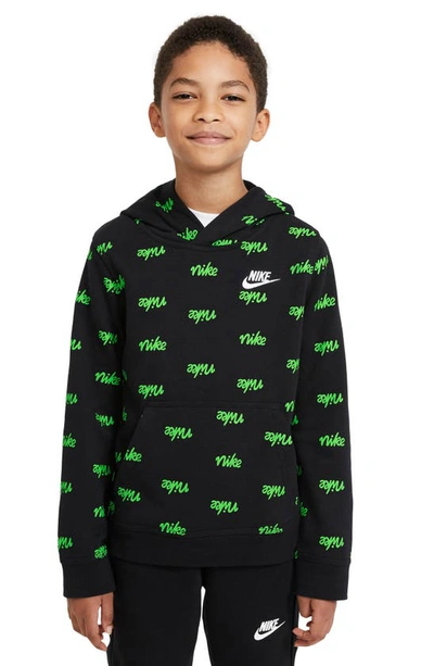 Nike Sportswear Kids' Script Print Hoodie In Black/ Black/ Green/ White |  ModeSens